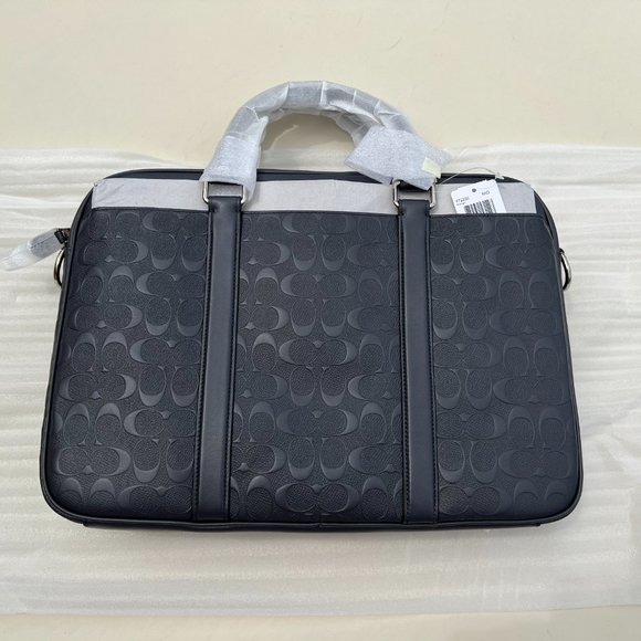 Coach NWT Logo Leather Midnight Navy SLIM Brief Case with Crossbody Strap - Picture 2 of 11